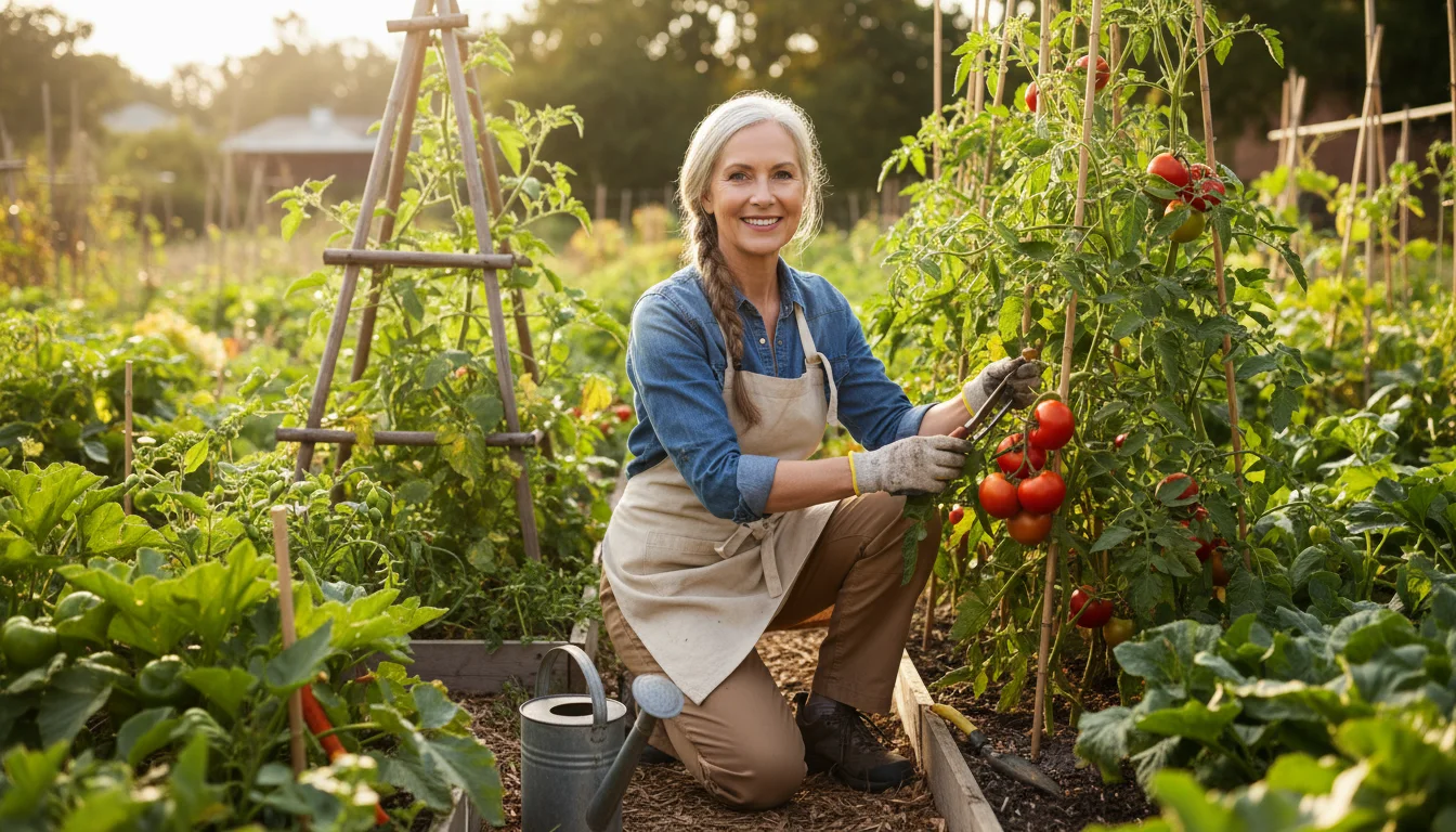 A healthy woman in her late 60s, with a warm smile, tending a sunny vegetable garden, pruning a tomato plant.