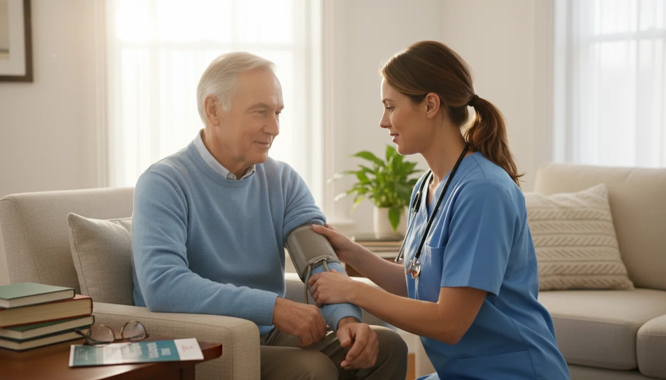 A home health nurse checks an older man's blood pressure in his living room, a medical pamphlet and glasses on a nearby table.