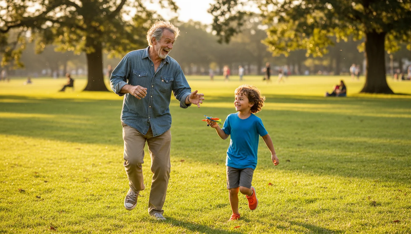 Joyful older man mid-run, playfully chasing his laughing grandson across a sunny park lawn, party in background.