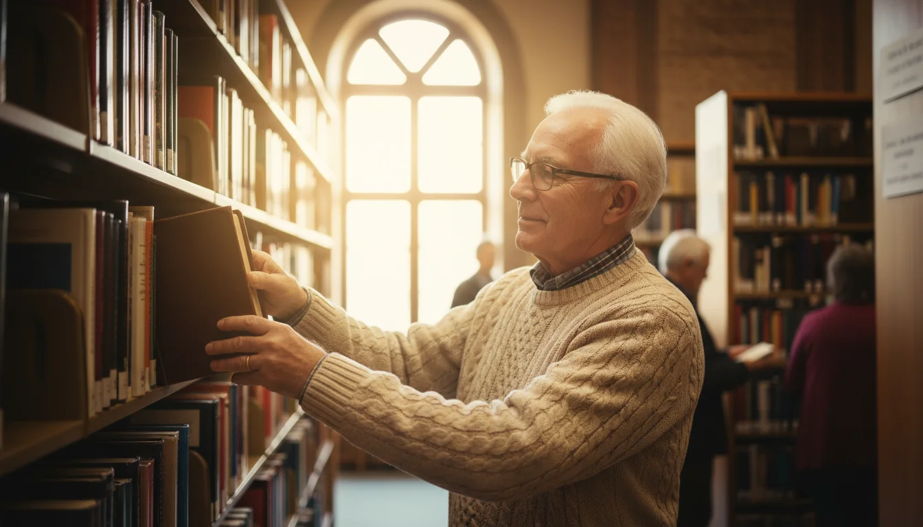 A kind-faced senior man in a sweater gently reshelving books at a community library, bathed in soft sunlight.