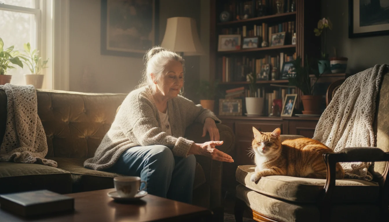 A kind older woman on a sofa gently reaches towards a content tabby cat sleeping in a sunbeam on a cushion.