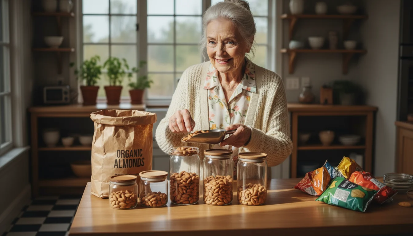 A kind older woman in a sunlit kitchen scoops almonds from a large bag into small glass containers. Empty single-serving snack bags are nearby.