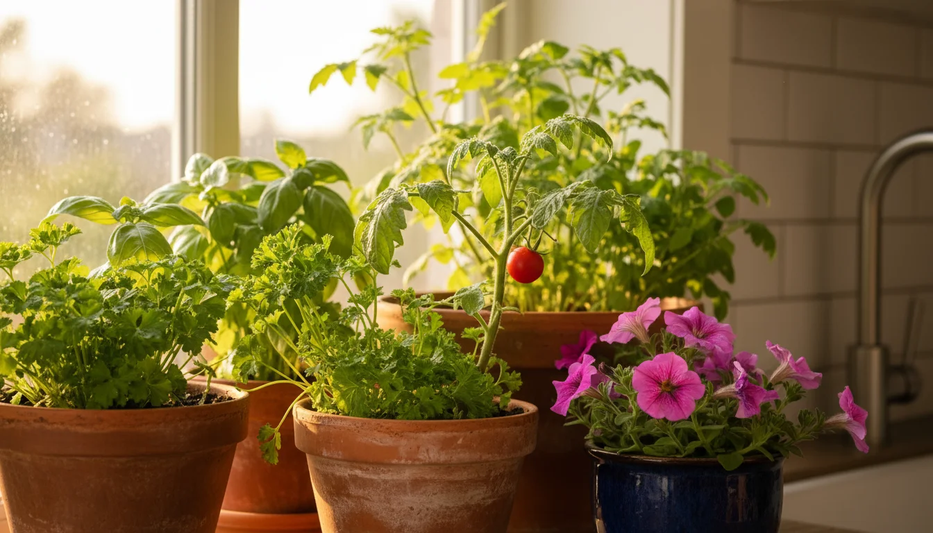 Lush basil, parsley, mint, a dwarf tomato plant, and petunias thriving on a sunlit kitchen windowsill.