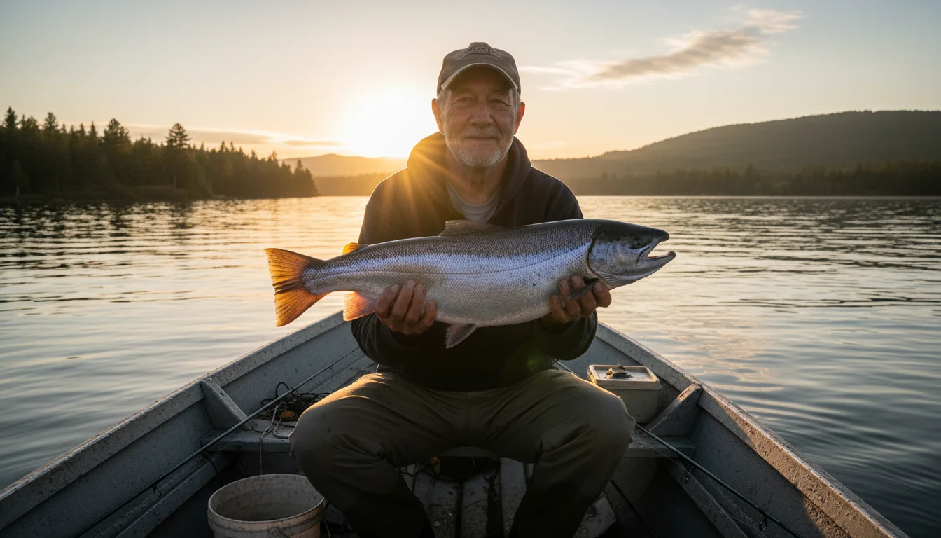 A man in his 70s on a boat, holding a freshly caught salmon in warm sunlight on a lake.