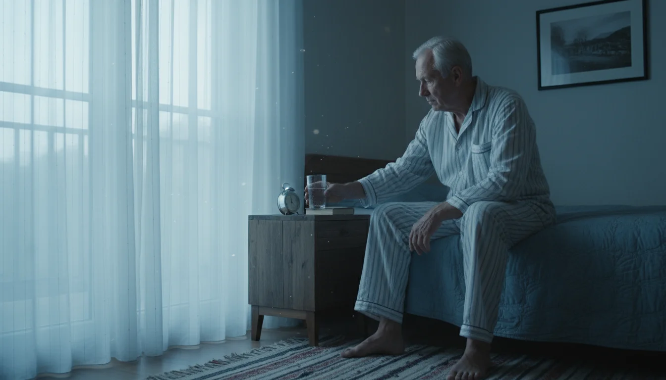 Man in his early 70s sits calmly on bed's edge, slowly reaching for water on a nightstand in dim morning light.