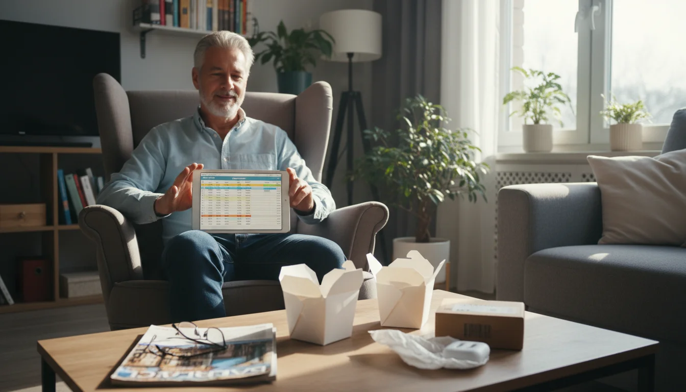 A man in his early 60s sits in a living room armchair, looking intently at a budget on his tablet. On the coffee table are empty takeout containers, a