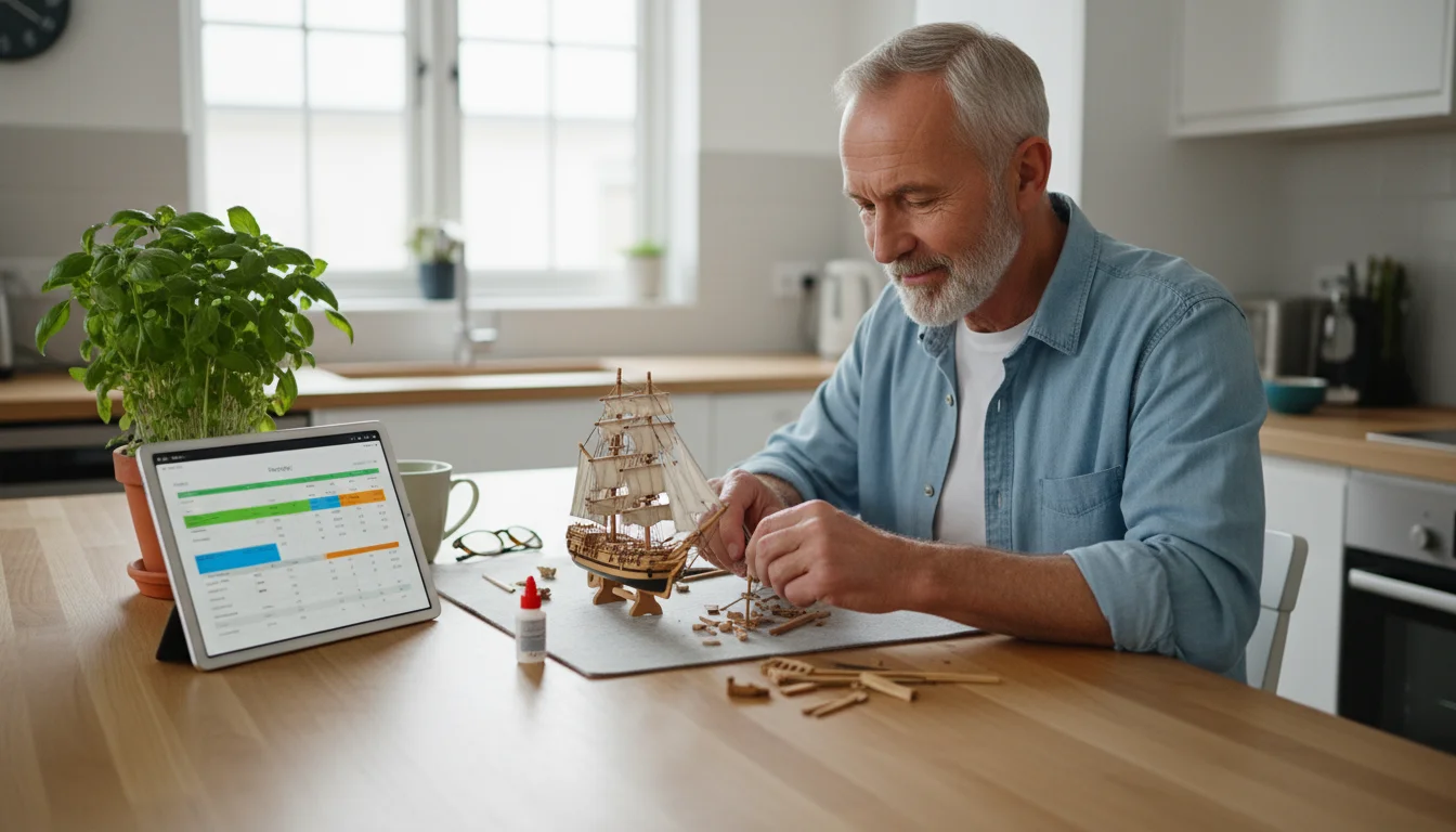 A man in his late 60s assembles a wooden model plane at a kitchen island. His tablet, showing a color-coded budget overview, sits nearby.