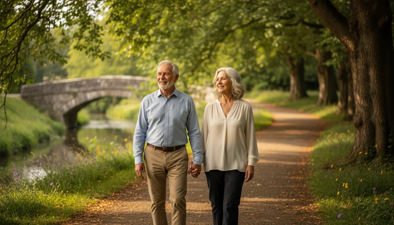 A man and woman in their late 60s walk hand-in-hand on a park path, looking forward with gentle smiles.