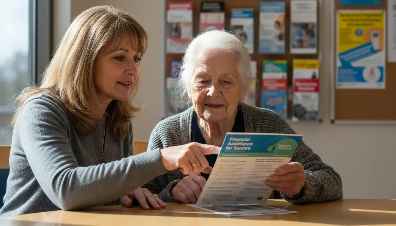 A middle-aged woman shows her elderly mother a financial aid brochure at a sunlit senior community center.