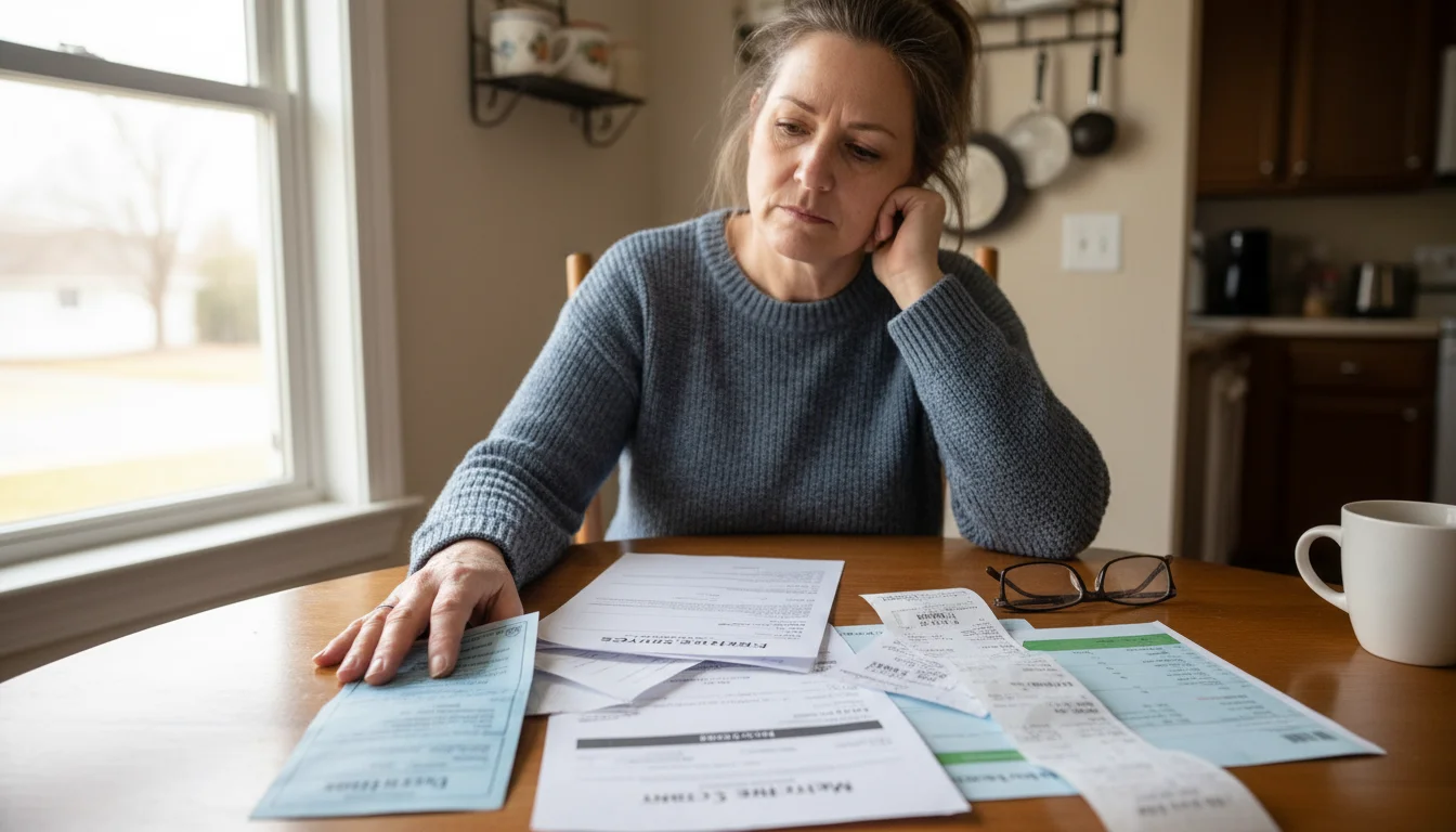 A middle-aged woman sits at a kitchen table, examining various household and caregiving bills spread before her.