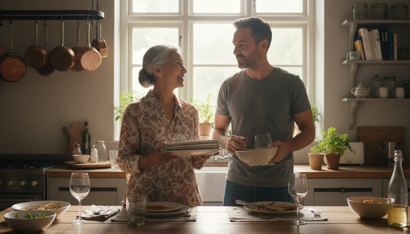 A mother in her early 60s and her adult son in his late 30s clear dishes after dinner, sharing a warm, natural conversation.
