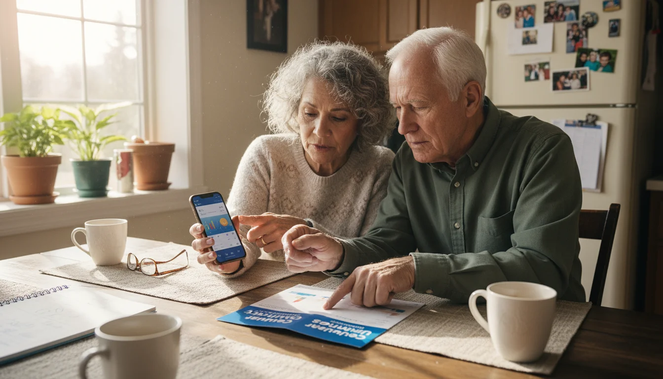 A multi-ethnic senior couple at a kitchen table, looking at a smartphone and a cell phone plan brochure together.