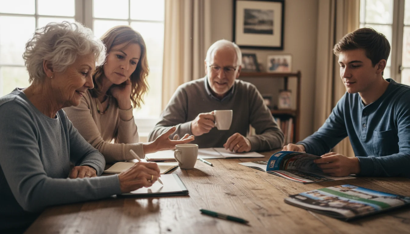 A multi-generational family discusses vacation plans around a dining table. Grandmother takes notes, daughter listens, grandfather sips coffee, grands