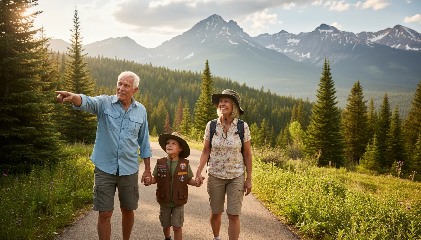 Multi-generational family, including active seniors and a child in a Junior Ranger vest, walking on a paved national park trail with mountain views.