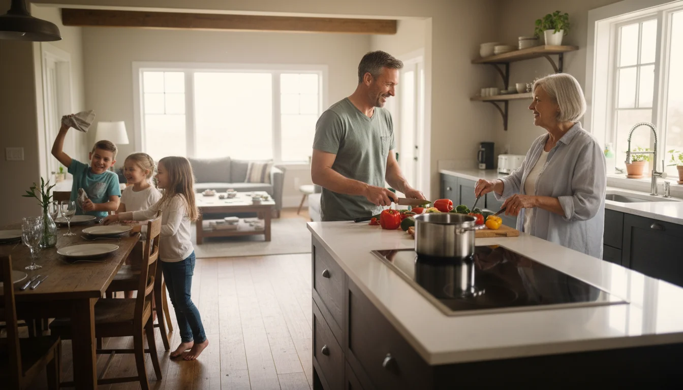 Multi-generational family in a vacation rental kitchen. An older woman cooks while a man chops, children set the table. Warm, natural light.
