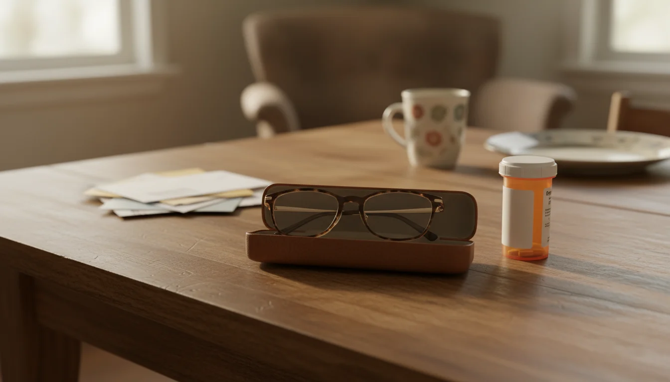 New eyeglasses, a prescription pill bottle, a dental office envelope, and a bank statement on a wooden table, with an older person's hand resting near