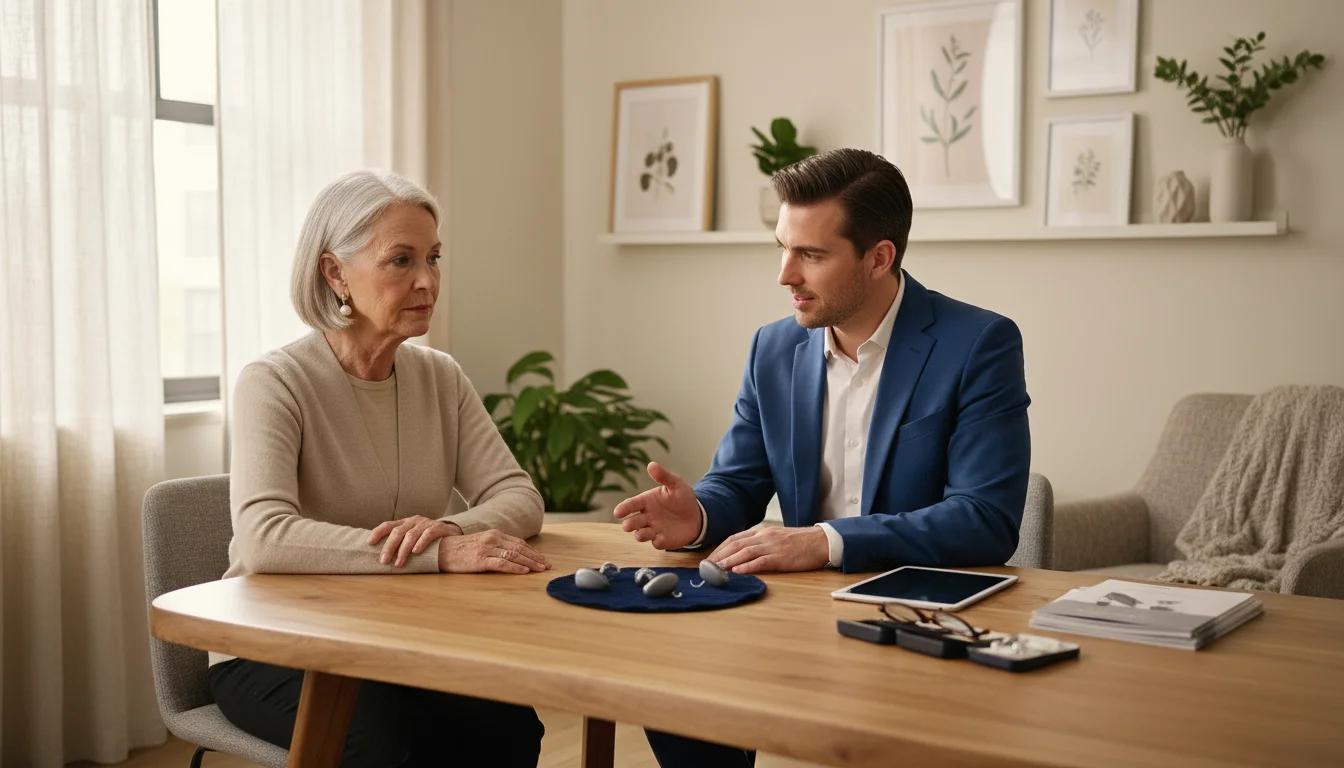 An older adult and an audiologist examine three discreet modern hearing aids and a charging case on a table.