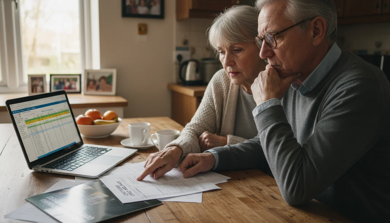 An older adult couple at a kitchen table, looking at financial documents and a laptop, appearing focused on budgeting.