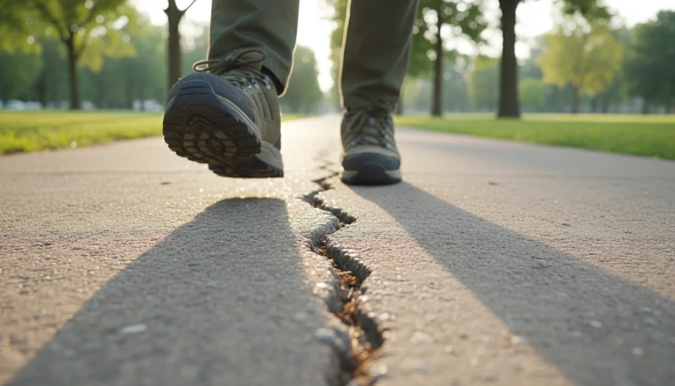 An older adult's feet in sturdy walking shoes approach a cracked, uneven section of a concrete park path.