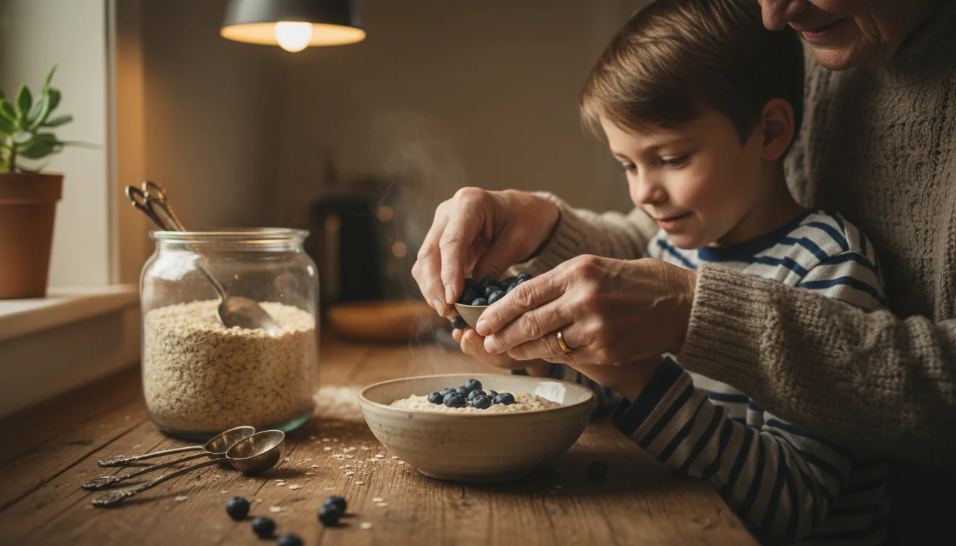 Older adult and grandchild's hands sprinkling blueberries into a bowl of oatmeal. Rolled oats container in background.