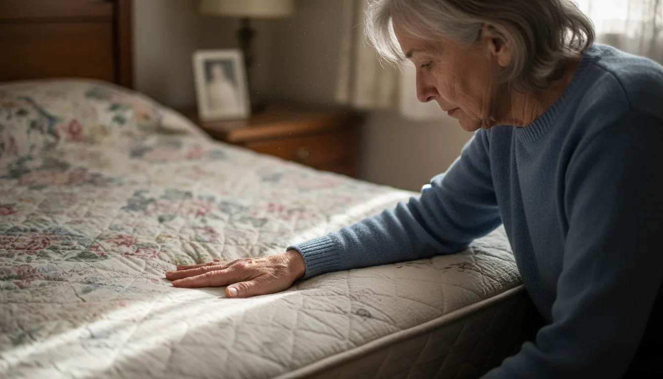 Older adult's hand gently rests on a slightly sagging mattress, their face showing a thoughtful expression while assessing its condition.