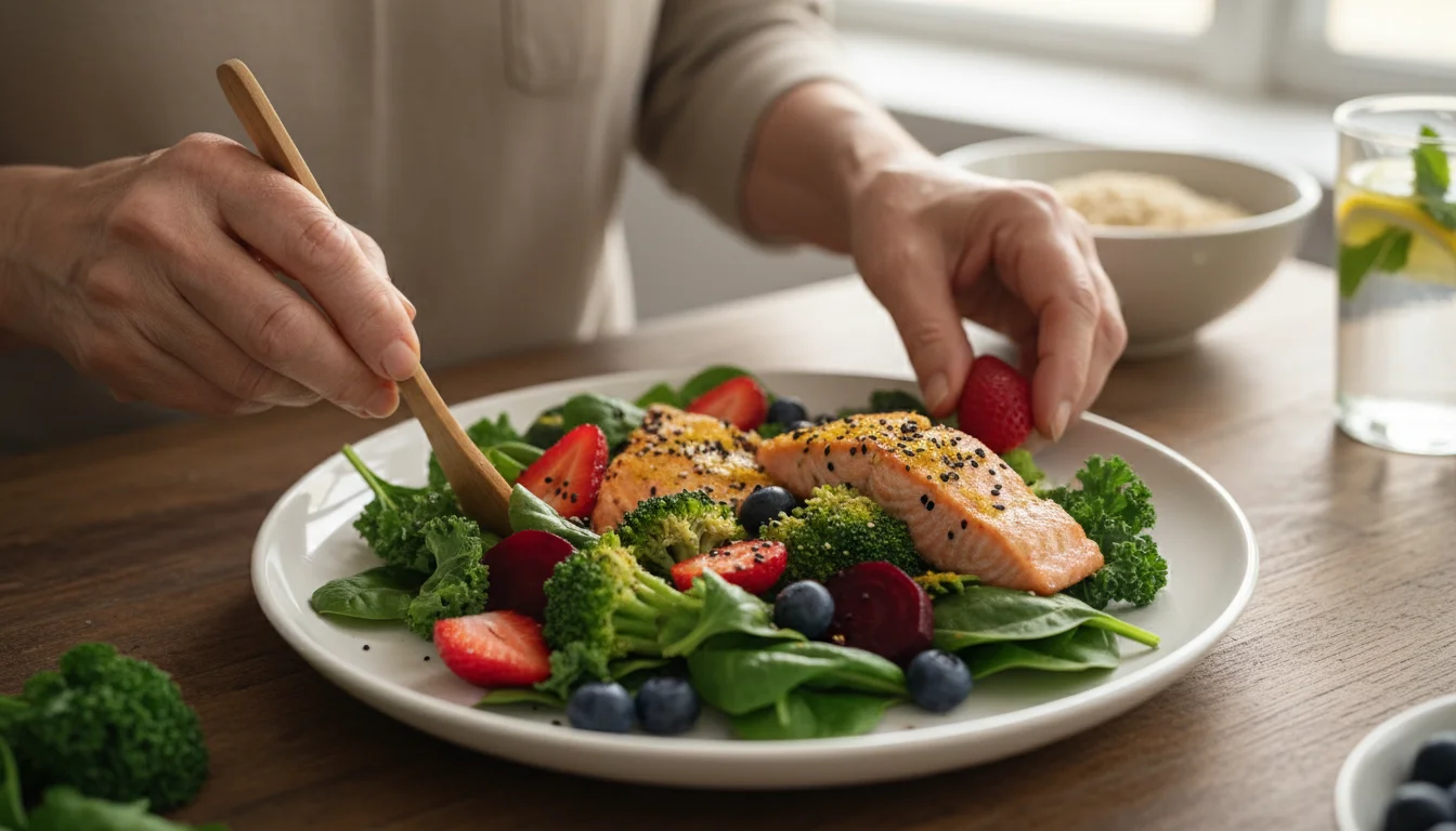 Older adult's hands arrange a colorful plate of spinach, kale, blueberries, strawberries, broccoli, and bell pepper.