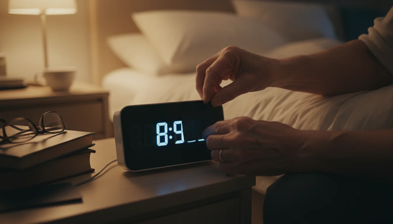Older adult's hands gently covering the bright digital display of a bedside alarm clock with a dark cloth in a dimly lit room.