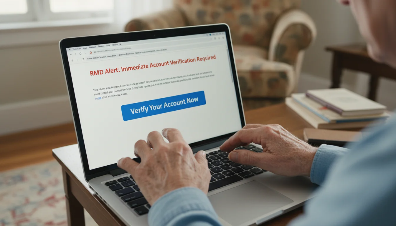 Older adult's hands hover over a laptop trackpad, screen displaying a phishing email about RMDs with an urgent call to action.