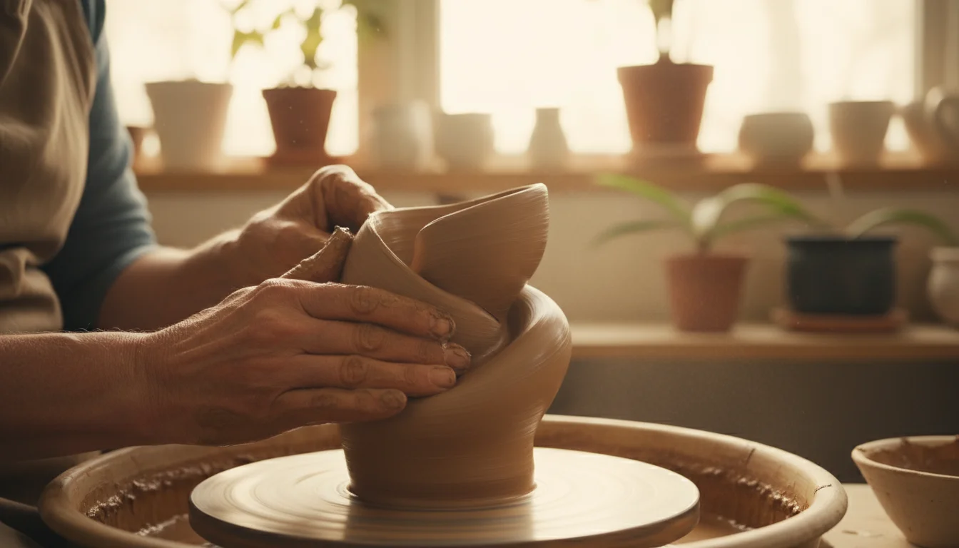 Close-up of an older adult's hands shaping wet clay on a spinning potter's wheel.