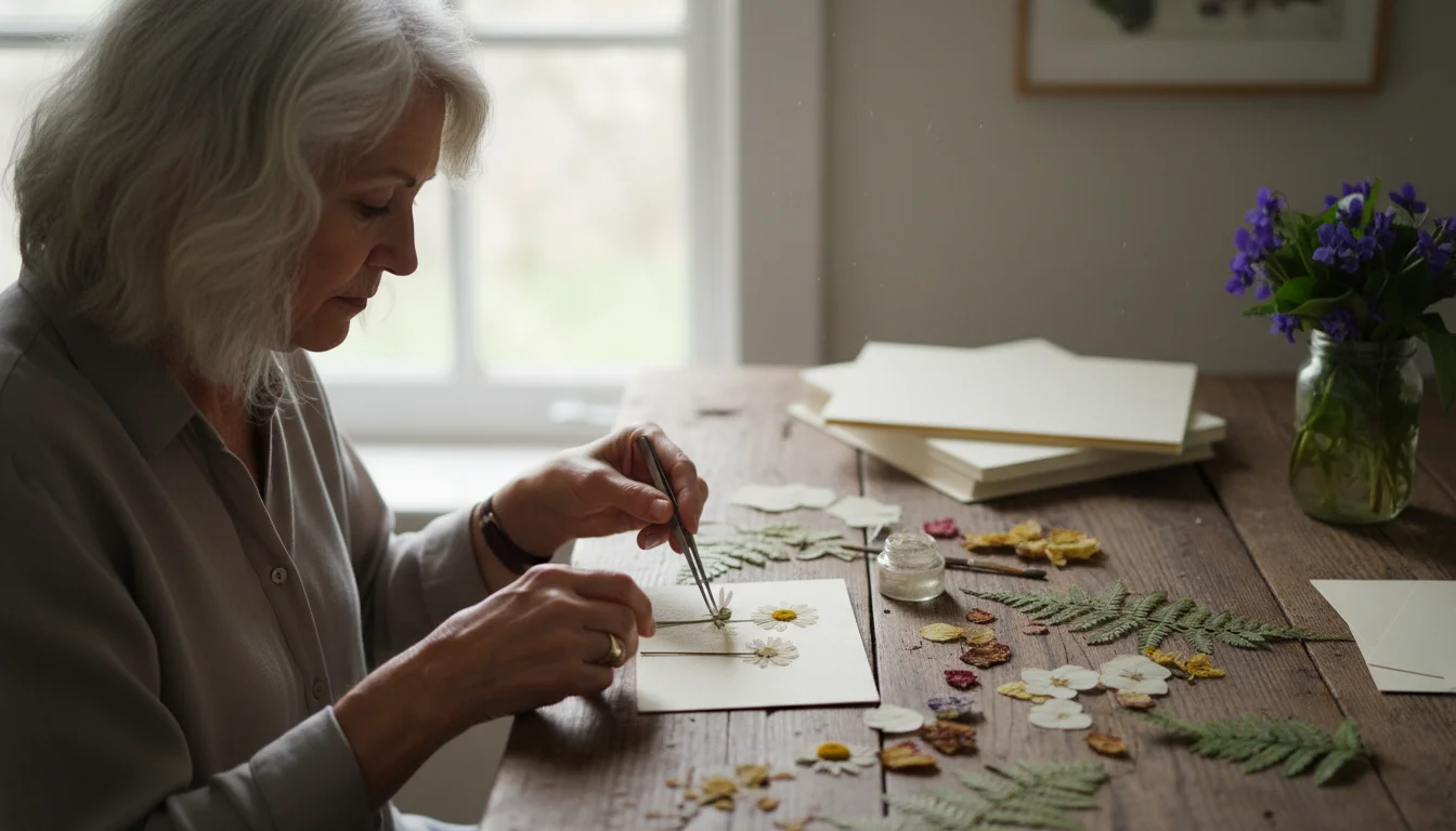 Older adult carefully placing a pressed daisy onto a greeting card with tweezers at a sunlit wooden table.