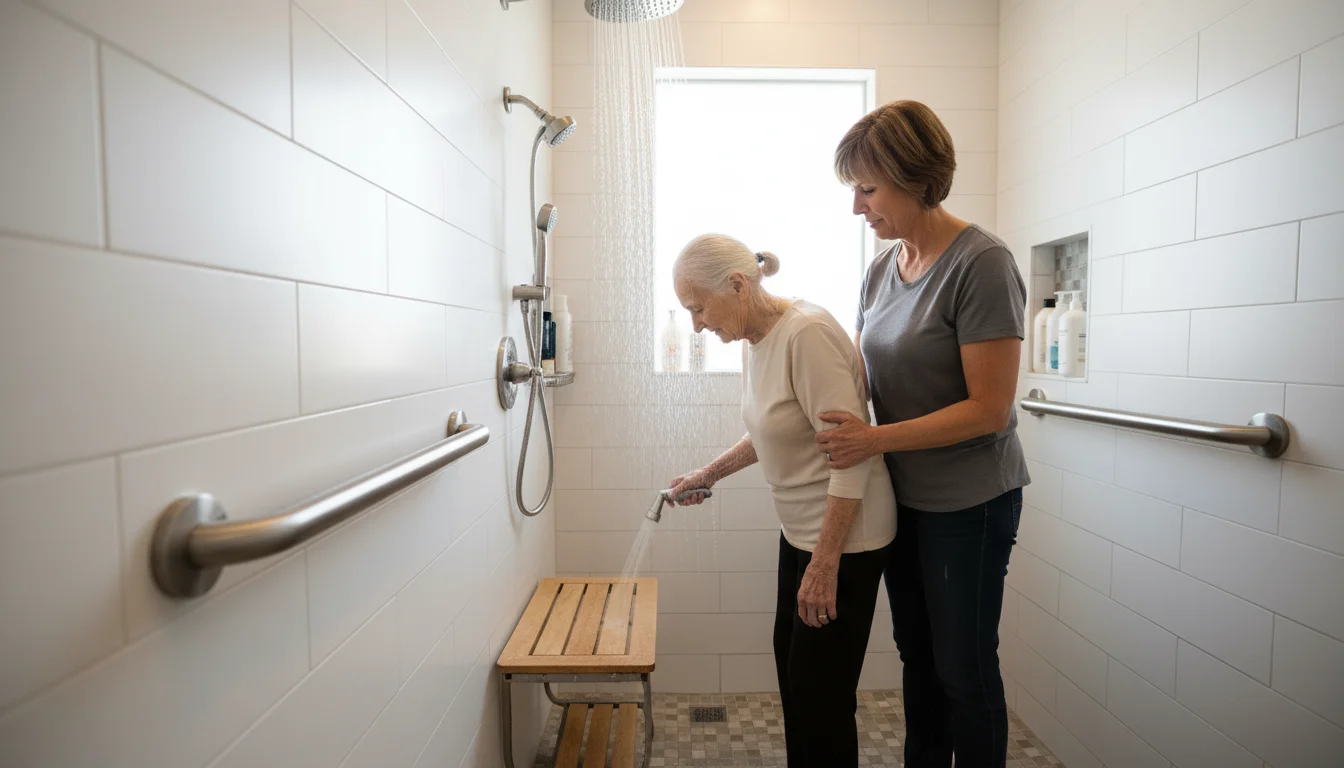 Older adult carefully sits on a shower seat, gripping a grab bar. Adult child offers support in a walk-in shower.