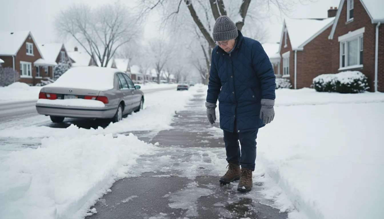 An older adult in winter clothing carefully walks on an icy, snow-lined sidewalk in a quiet Detroit neighborhood.