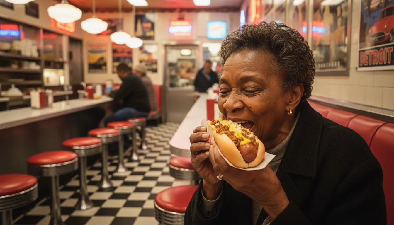 An older African American woman delightedly eating a Coney Island hot dog inside a bustling retro diner.