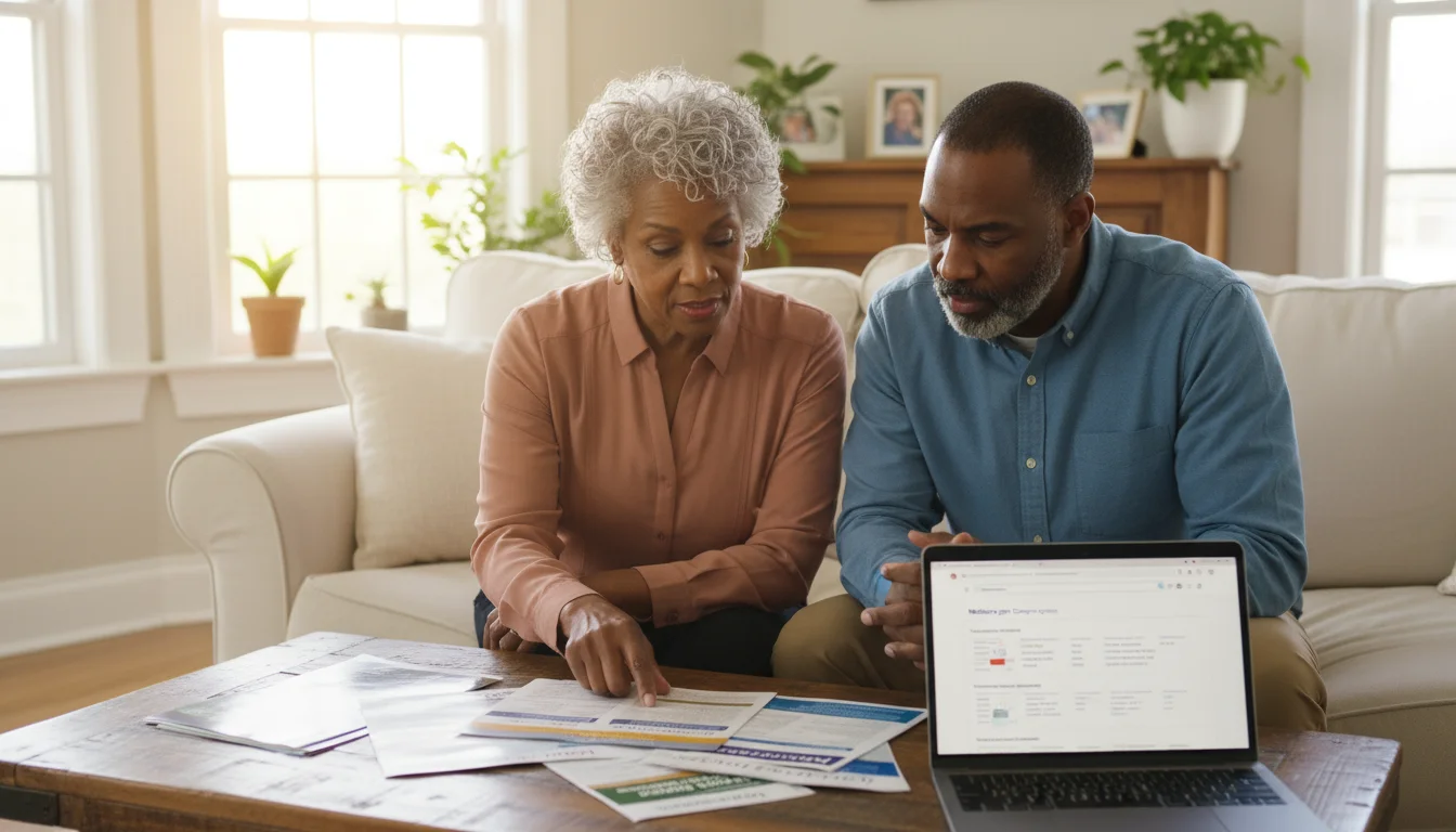 An older African American woman and her adult son review health insurance documents and a laptop on a coffee table in a sunlit living room.