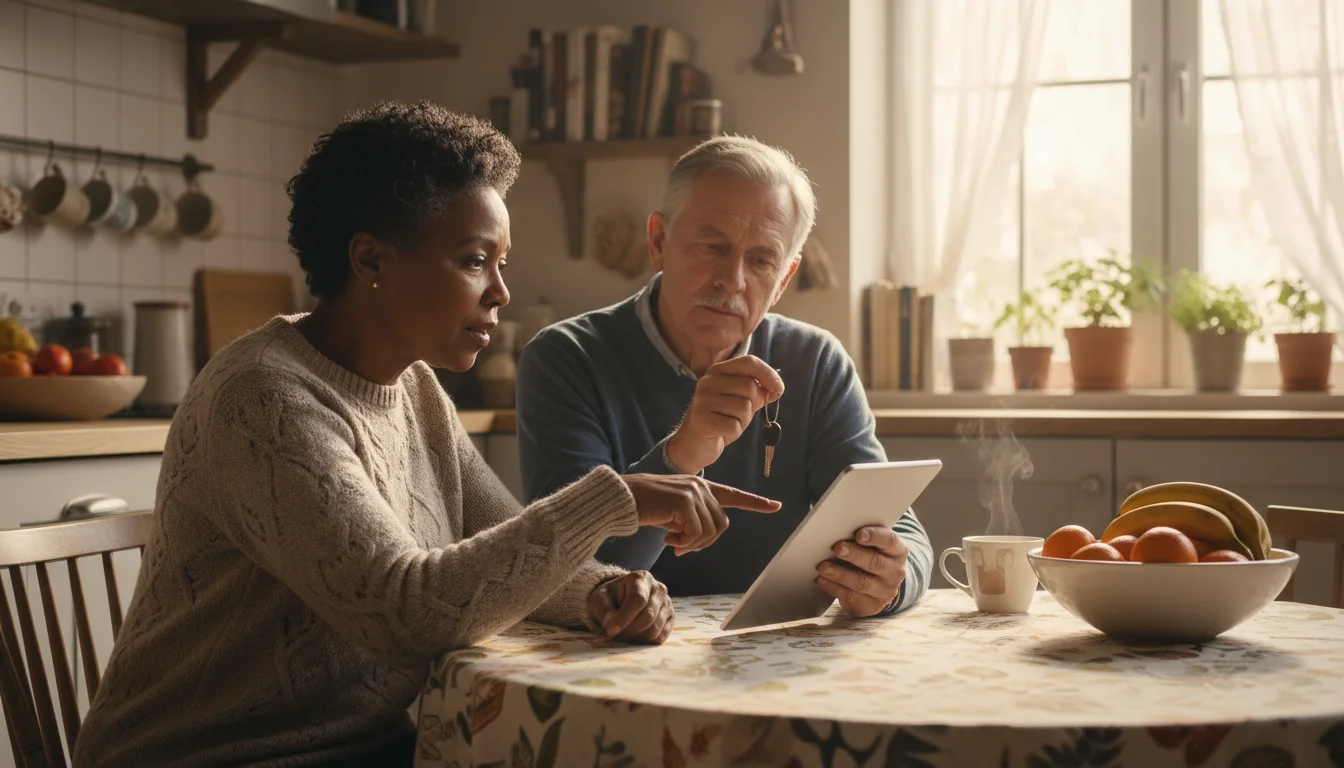 An older African American woman and her older Caucasian husband plan their week using a tablet and a single car key in their kitchen.