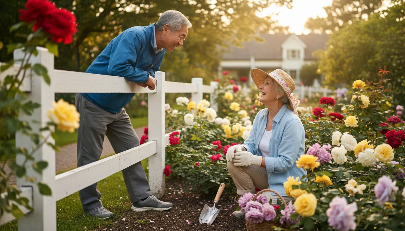 An older Asian man talks to an older Caucasian woman kneeling among colorful roses in her garden, showing a warm, neighborly interaction.