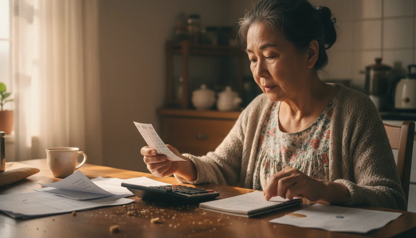 Older Asian woman, late 60s, at kitchen table, holding a lottery ticket and using a calculator to tally numbers.