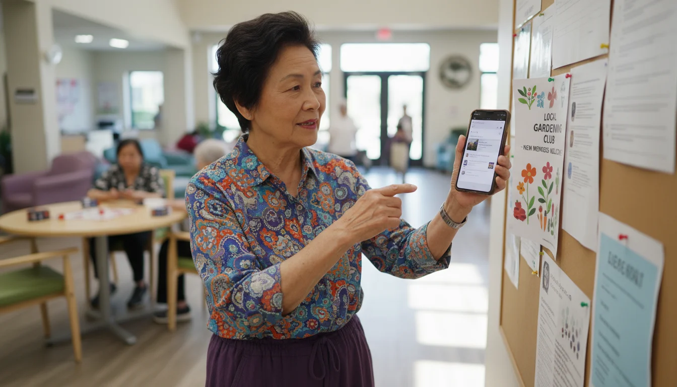 An older Asian woman points to a 'Shared Living' flyer on a bulletin board in a bright senior center, holding a smartphone.