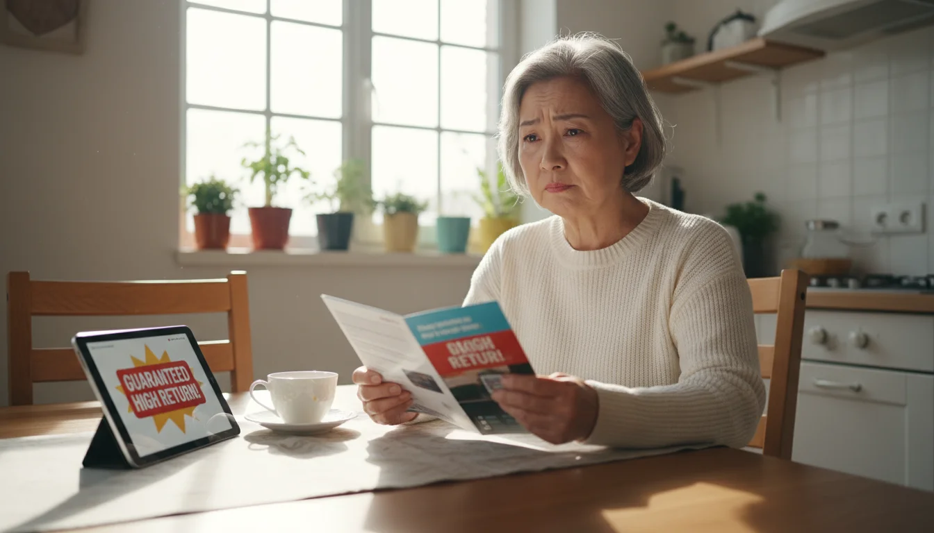 An older Asian woman with a skeptical expression reads a financial brochure at her kitchen table, next to a tablet showing an investment ad.
