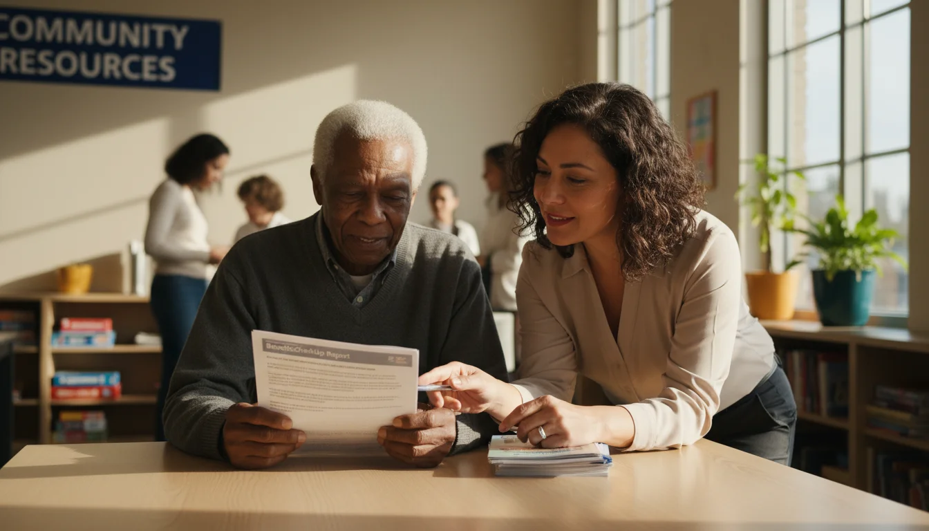 An older Black man receives one-on-one assistance from a Latina benefits counselor, reviewing documents together at a table.