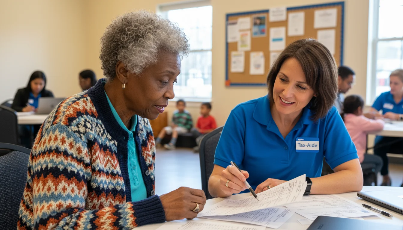 An older Black woman and a female volunteer sit at a table. The volunteer points to a tax document, both looking at the form in a community center.