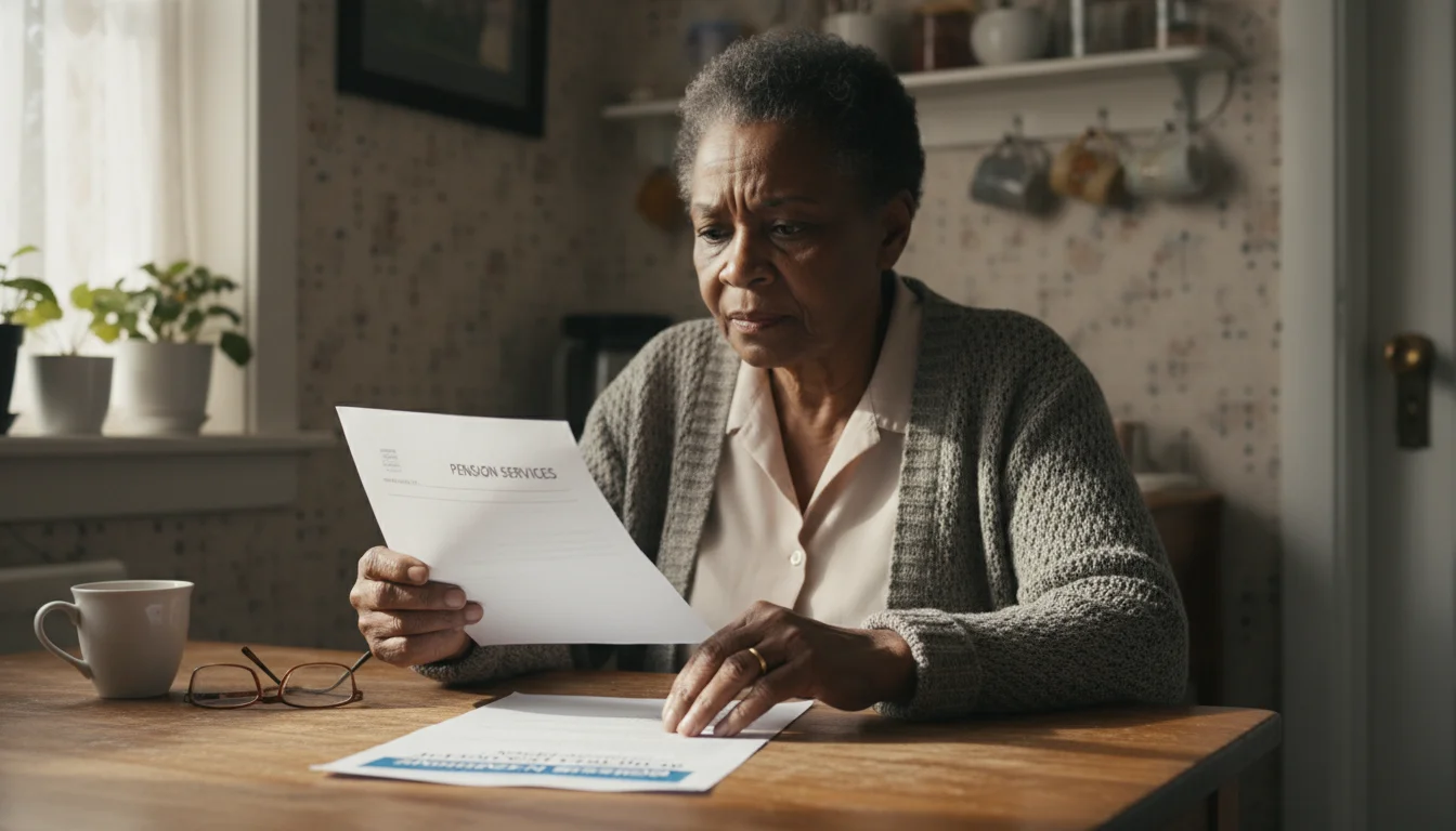 An older Black woman sits at her kitchen table, looking at new financial papers next to housing assistance documents.