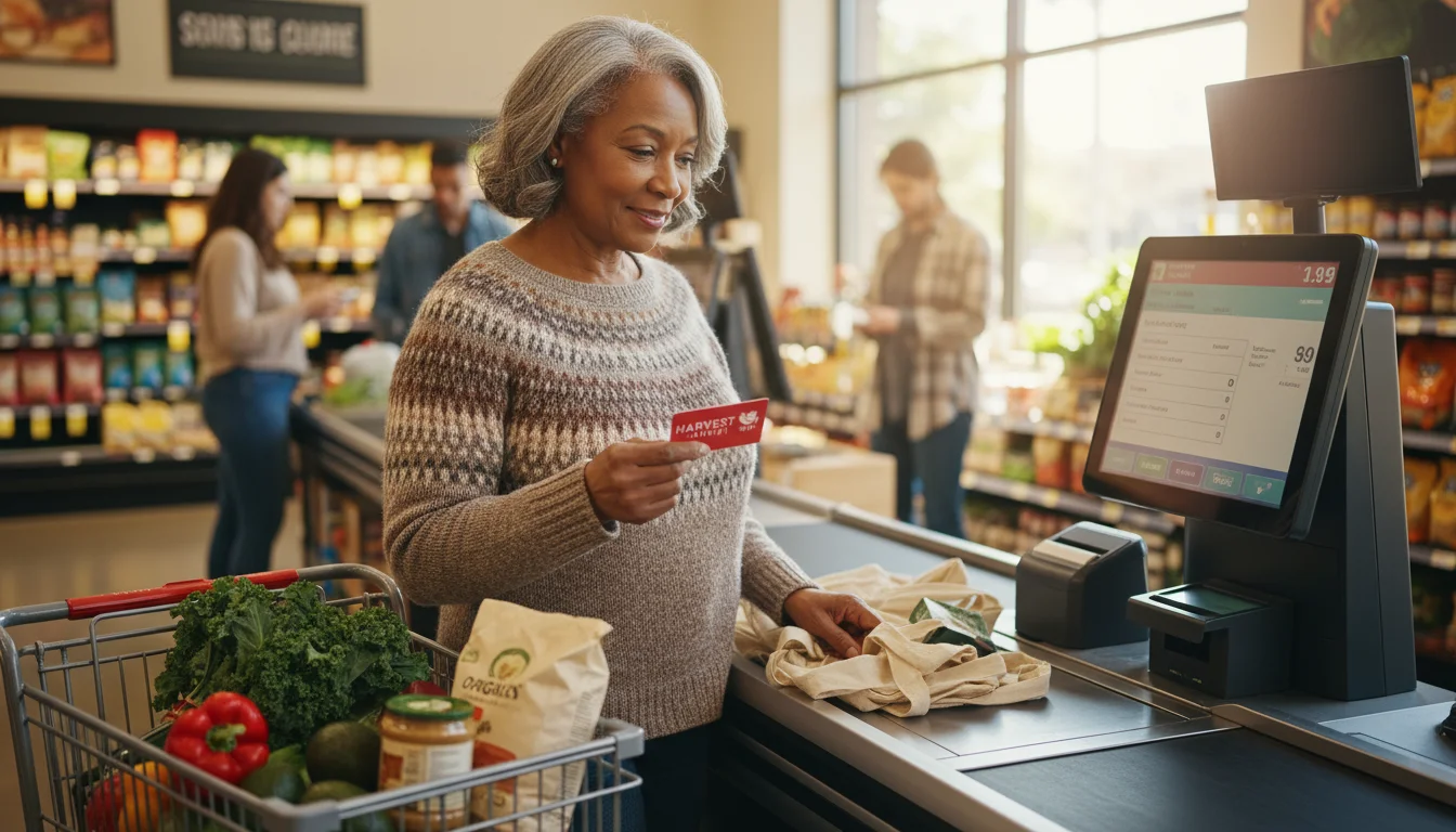 Older Black woman smiling at a grocery store self-checkout screen showing applied discounts, holding a loyalty card.