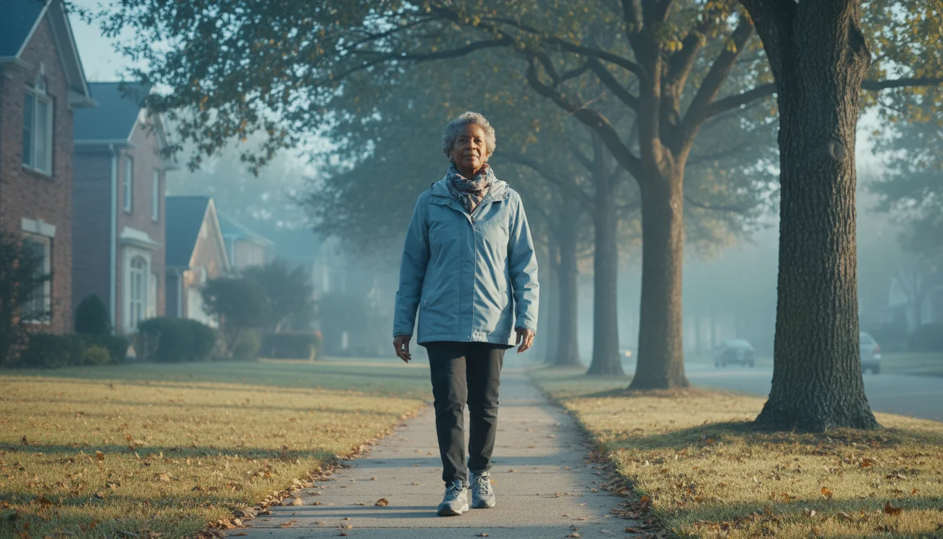 An older Black woman walks slowly on a suburban sidewalk at sunrise, looking determined despite stiff steps, with an oak tree nearby.