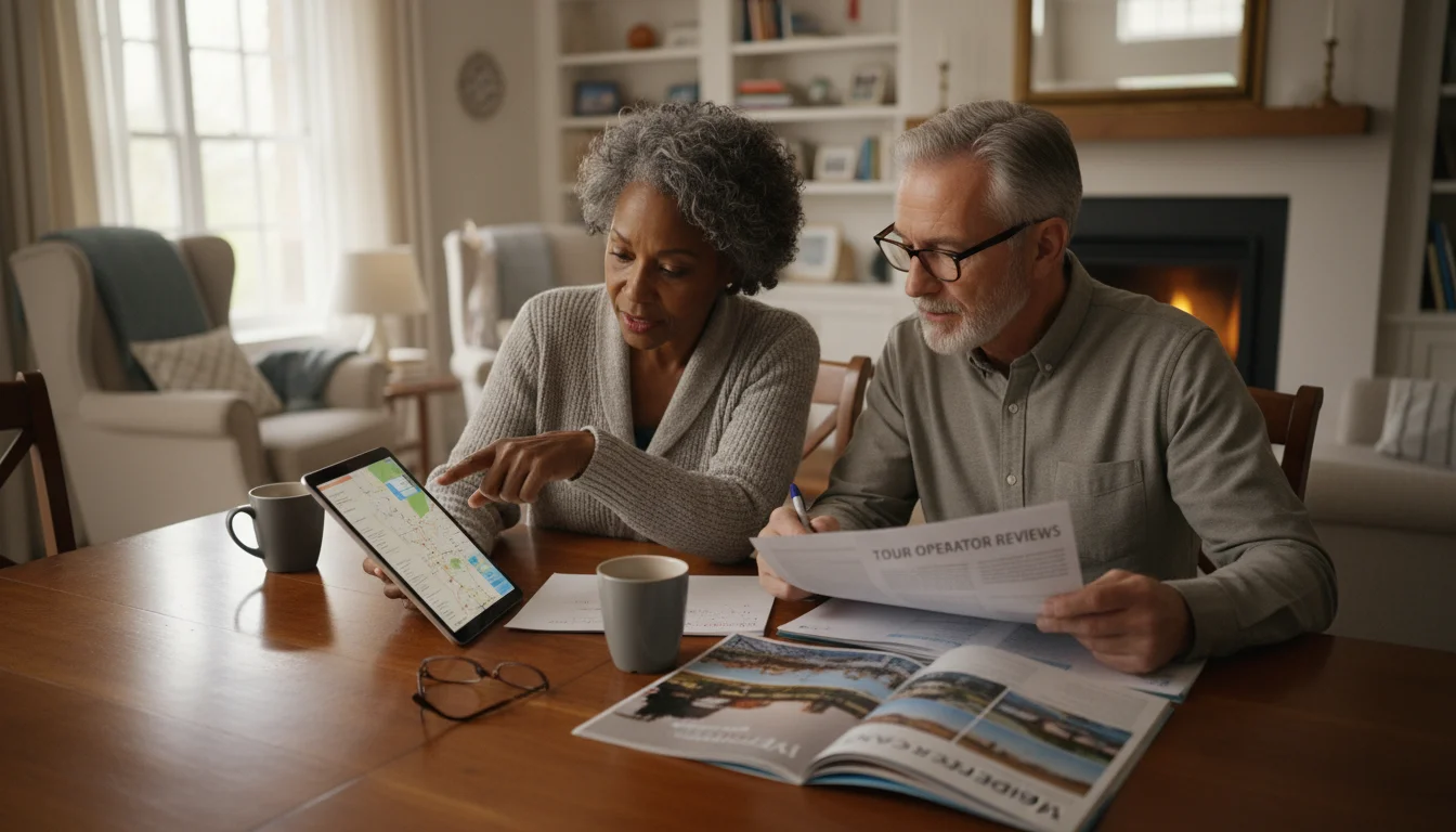 An older Black woman and a White man sit at a table, focused on researching travel. She points at a tablet; he reviews papers with a pen.