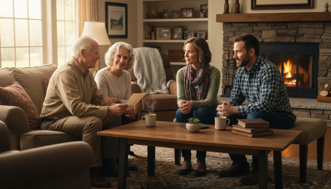 Older couple and adult daughter with husband sit in a living room. Older man holds a document, his wife has her hand on his arm. All are smiling.