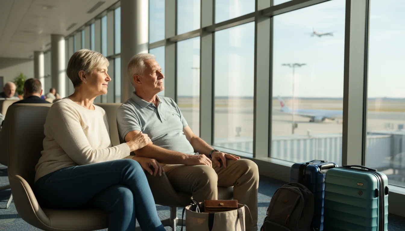 An older couple in an airport lounge, the woman gently touching her husband's arm as he looks out a window. They appear calm and prepared for travel.