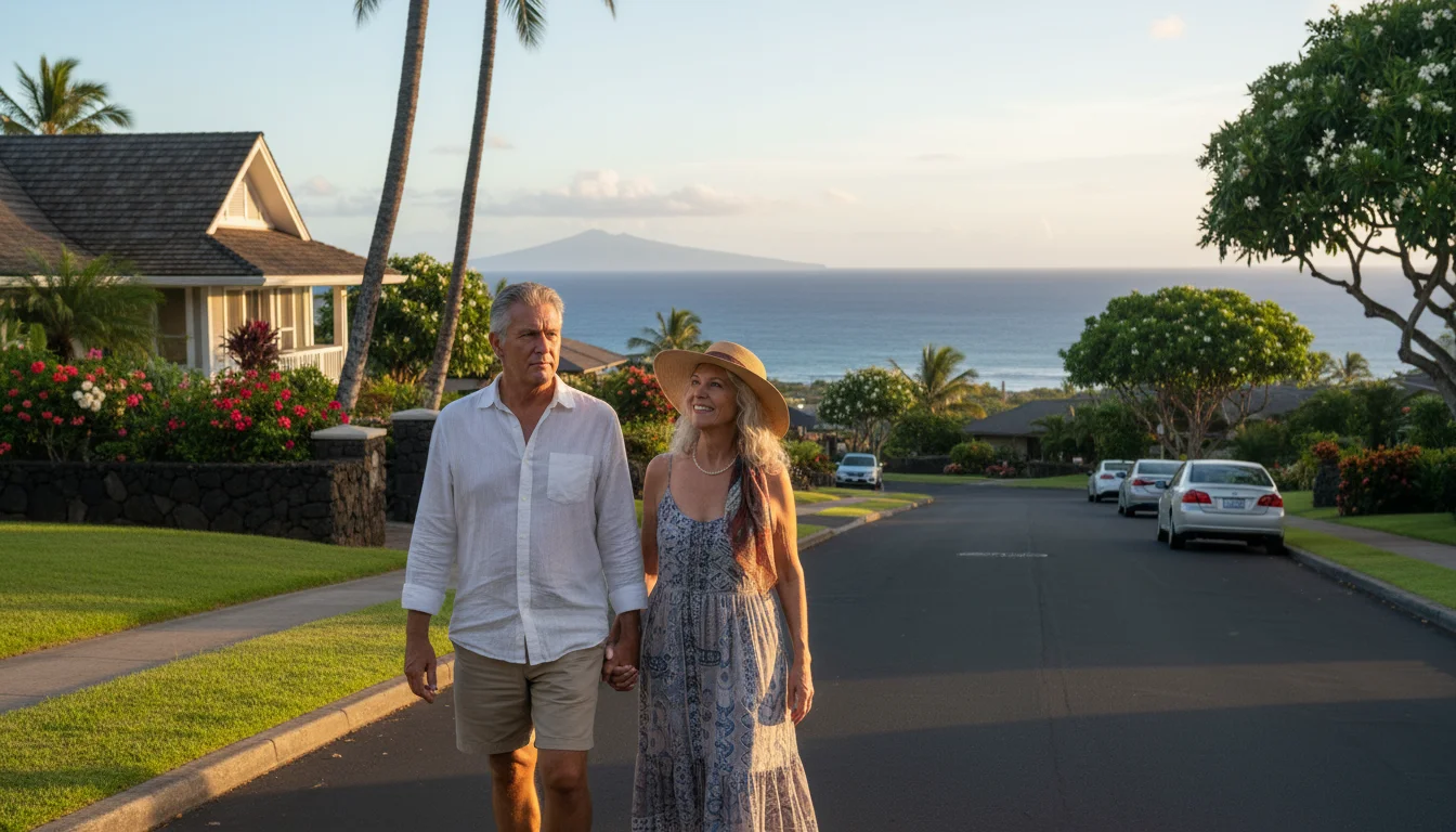 Older couple on a beautiful residential street in Hawaii. Man looks at a home; woman smiles at the ocean view.