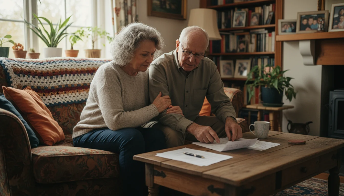 An older couple calmly reviews a budget document together on a sofa in their living room.