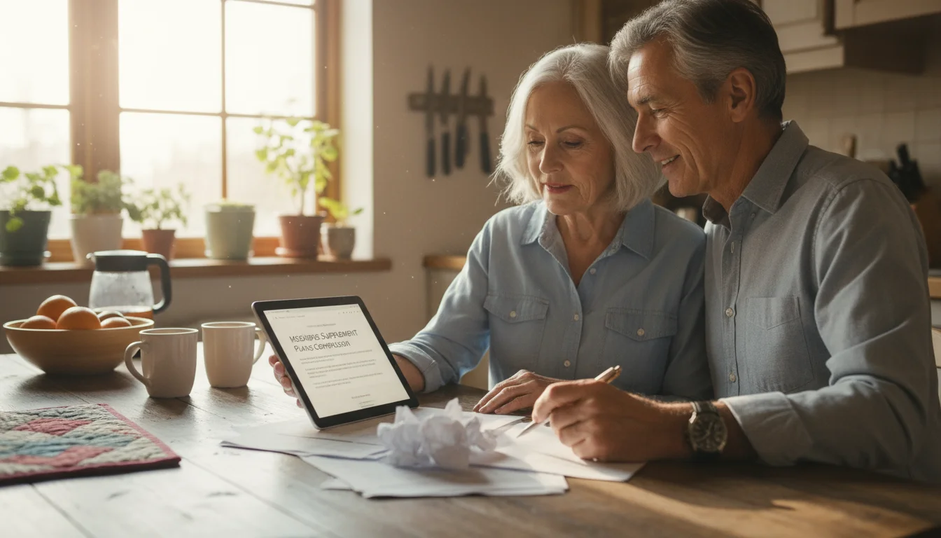 An older couple comparing insurance information on a tablet and paper documents at a bright kitchen table.